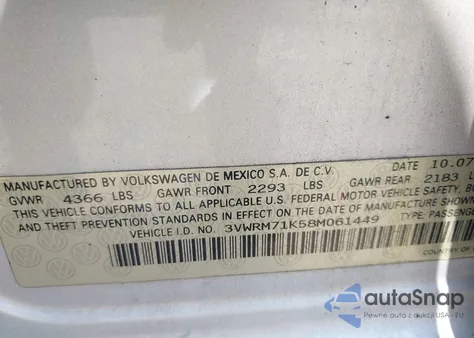 2008 Volkswagen Jetta Se/Sel из США, поврежденный, VIN 3VWRM71K58M061449